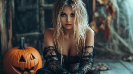 Fototapeta premium Dark Gothic Halloween Aesthetic with Pumpkins and Mysterious Girl