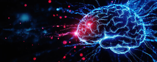 Futuristic brain illustration with vibrant lights and energy bursts, dark background