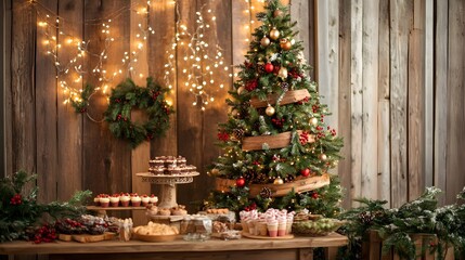 Fototapeta premium A charming rustic Christmas backdrop with warm colors, showcasing a decorated tree made of reclaimed wood and adorned with natural elements like pinecones and berries. The setting includes wooden 