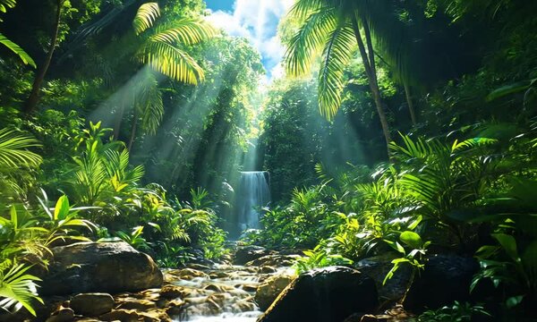 Lush tropical rainforest with sunlight beams and a waterfall.