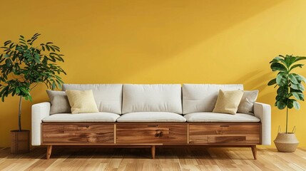 White Sofa with Wooden Frame and Drawers in a Yellow Room with Plants