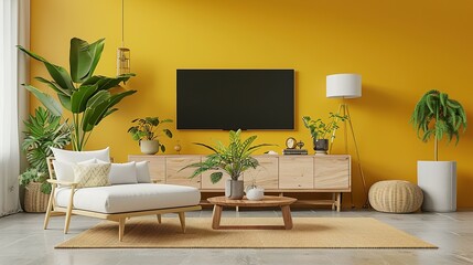 Modern Living Room with Yellow Wall, Plants, and White Couch