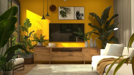 Modern Living Room with Yellow Wall, Plants, and Wooden Cabinet