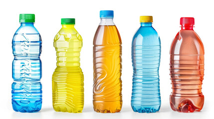 assorted colorful plastic bottles of water and soft drinks isolated on transparent background

