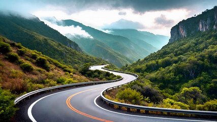 Naklejka premium Landscape illustration showing a winding road curving through a mountainous area.