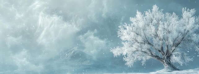 A serene winter landscape featuring a solitary tree covered in snow against a soft, cloudy sky, evoking peace and tranquility.