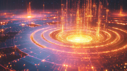 Abstract digital art with glowing orange and blue lights.