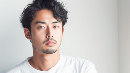 白背景に髭が似合う若いアジア人男性モデル