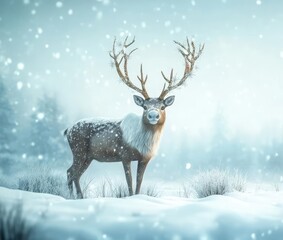 A majestic reindeer stands amidst falling snow, with a festive 'Happy New Year' banner in the serene winter landscape.
