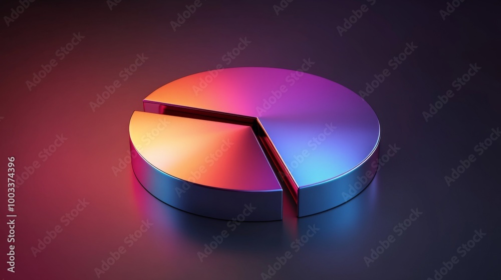 Poster a sleek metallic 3d pie chart with separated slices, each segment reflecting light differently, set 