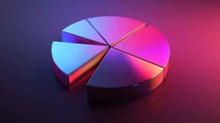 Obraz premium A sleek metallic 3D pie chart with separated slices, each segment reflecting light differently, set against a dark gradient background for a high-tech feel