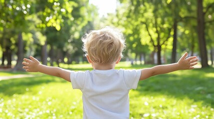 A joyful child running freely across a grassy hill, arms wide like an airplane, embracing the joy of nature and play in a lively park