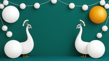 White Peacocks on Teal Background with Abstract Shapes and String Lights