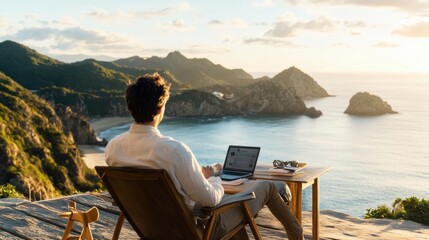 Fototapeta premium Digital Nomad Working by the Ocean at Sunset