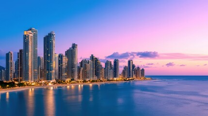 Fototapeta premium Coastal City Skyline at Sunset with Reflections in Water