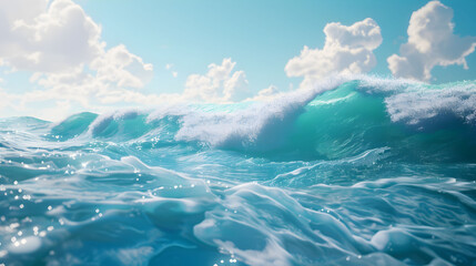 Turquoise Wave Breaking on a Partly Cloudy Day with Sunlit Ocean and Fluffy White Clouds