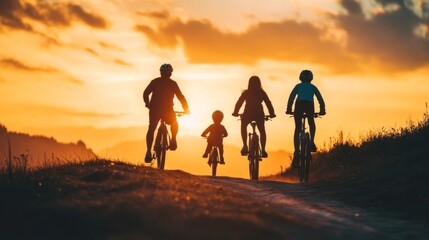 Obraz premium A striking silhouette of a family riding bicycles together during golden hour, their shadows cast long on the path, symbolizing adventure and togetherness.
