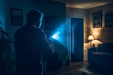 A burglar sneaking into a dark living room with a flashlight, searching for valuables, ideal for a dramatic and suspenseful burglary scene.
