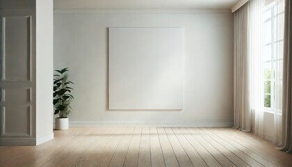 Fototapeta premium Empty white canvas on wall in bright minimalist room with window. Interior mockup for design and print.