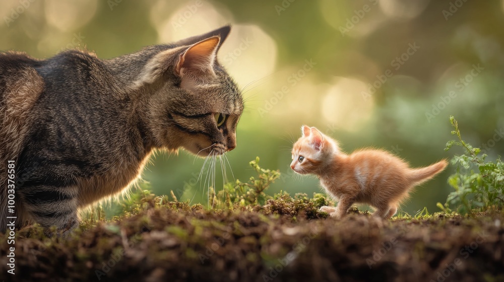 Poster A stunning image of a baby bird being watched by a curious cat, capturing the playful dynamics of nature and the interactions between different species.
