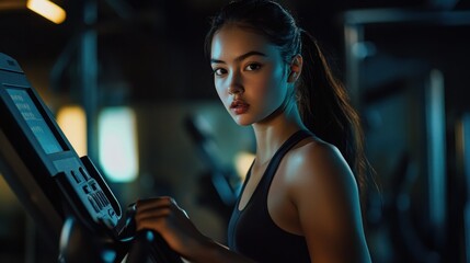 Fototapeta premium A focused individual exercising on a treadmill in a dimly lit gym environment.