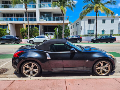 Miami Beach, Florida USA - June 8, 2024: 2010 Nissan 370Z roadster convertible at ocean drive miami beach