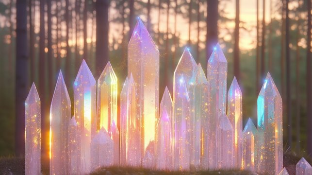 A magical crystal forest with transparent trees chiming in the sunset breeze, creating a symphony of light and sound
