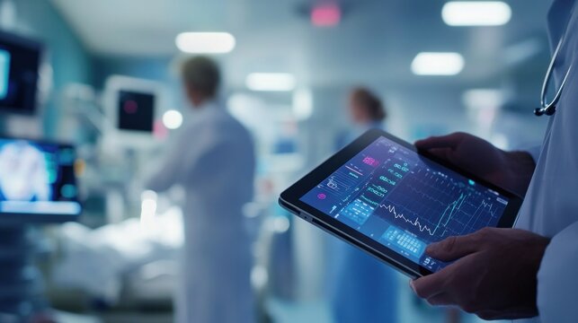 A medical professional analyzes patient data on a tablet in a hospital setting. - Powered by Adobe