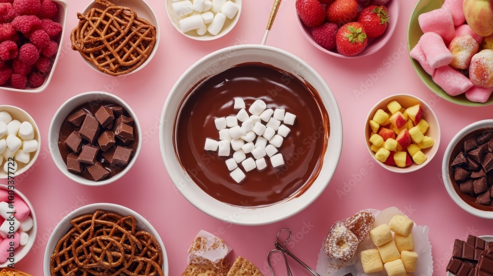 Poster a top-down view of a chocolate fondue setup, complete with various dippables like fruits, marshmallo