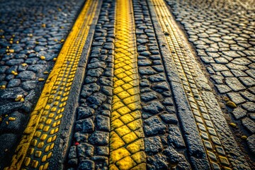 Close-up of cobblestone road with yellow lines
