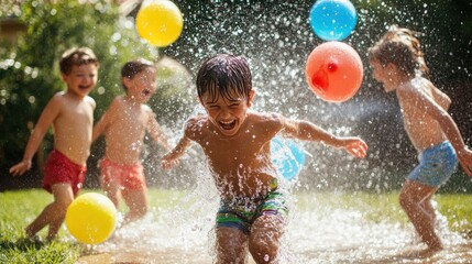 Capture the fun and excitement of kids having a water balloon fight in the backyard, laughing and soaking wet