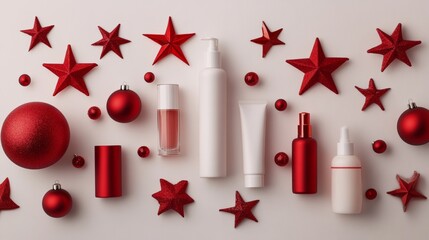 Festive arrangement of red stars and beauty products on a white background for holiday vibes