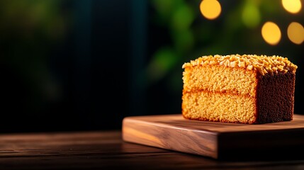 Close-up of banana cake slices with a golden-brown crust and moist interior, placed on a rustic wooden board, soft lighting emphasizing texture, banana cake, homemade treat