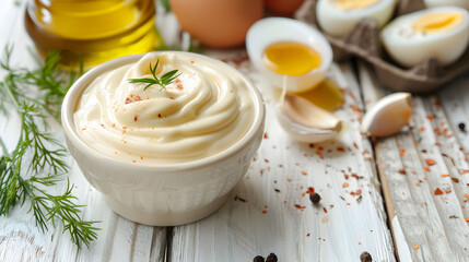Bowl of gourmet mayonnaise with eggs, garlic, olive oil, and spices. Perfect for recipe blog, cooking website, culinary design.