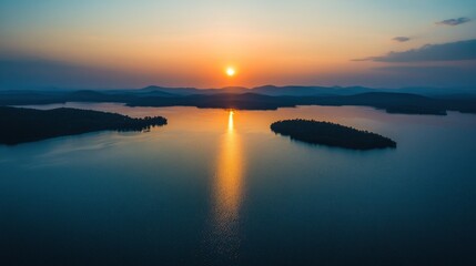 Fototapeta premium Sunset over Calm Lake and Islands