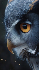 Close-up of an owl's piercing yellow eye.