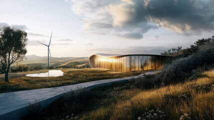 Fototapeta premium Modern, curved glass building with a wind turbine in the background, set against a rolling green hill landscape.