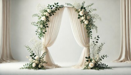 Elegant wedding arch with white roses and greenery, draped with light fabric on a neutral background.