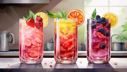 Three refreshing summer drinks, each with vibrant colors and fresh fruits