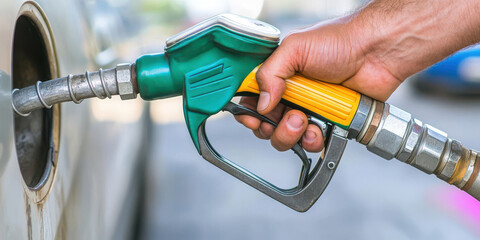 Hand Holding Fuel Nozzle at Gas Station