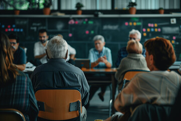 Group of senior man and woman listening to lecture about business marketing in classroom. Retire Life learning and education concept.