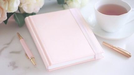 A cozy gratitude journal rests open on a table with a lovely cup of tea and a pen, inviting moments of daily reflection