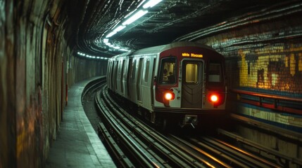 Fototapeta premium A unique angle of a subway train traveling through an underground tunnel, showcasing the engineering and infrastructure of urban transit systems