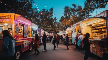 Obraz premium People queuing at food trucks in a night market with fairy lights.