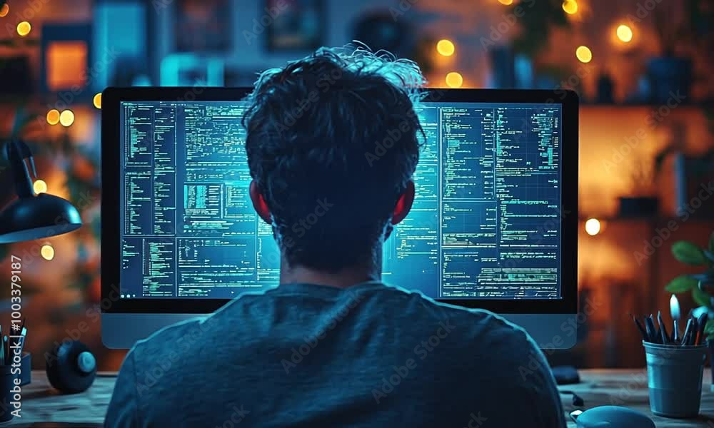Wall mural person working on a computer with code in a dimly lit room.
