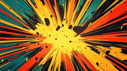 Abstract Explosion with Diagonal Lines and Splashes in Yellow, Orange, Teal, and Black