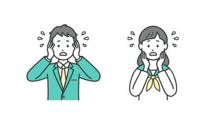 困って焦る男女の学生の上半身イラスト
