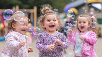 Toddlers joyfully chasing bubbles during free playtime on a sunny day in the playground, surrounded by laughter and fun