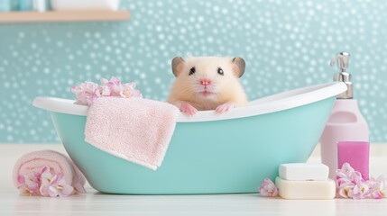 Naklejka premium A fluffy hamster enjoying a relaxing bath day in a tiny tub with delightful accessories and a cozy towel setup