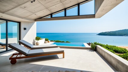 Fototapeta premium Modern Attic Terrace with Sea and Beach View in a Luxury Gray Concrete Room